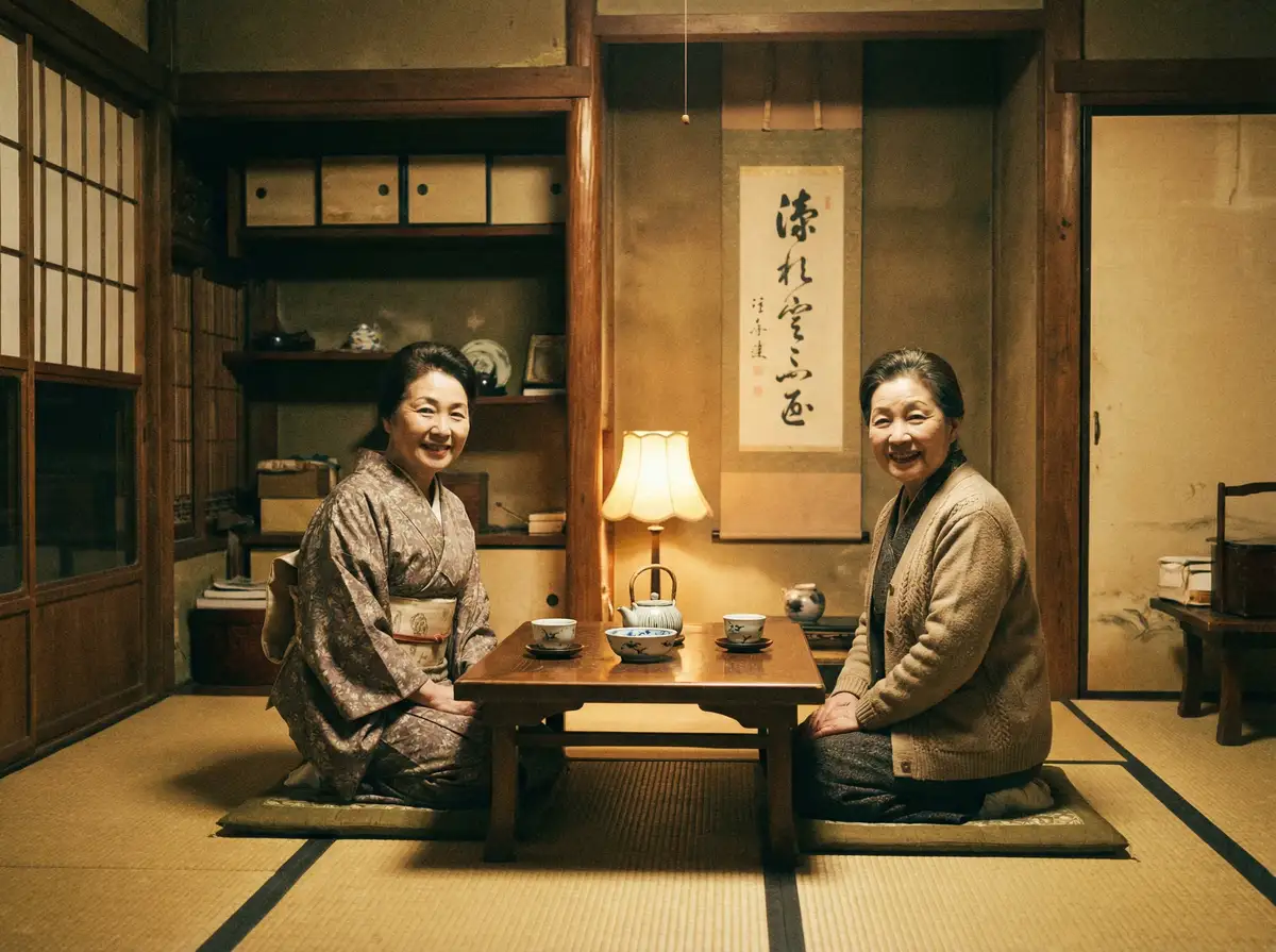 两位优雅的 伦理电影网 在日式茶室中品茶交谈